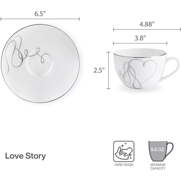 Mikasa Love Story Platinum Banded Teacup and Saucer Set, Set of 4, 9.6-Ounce, White