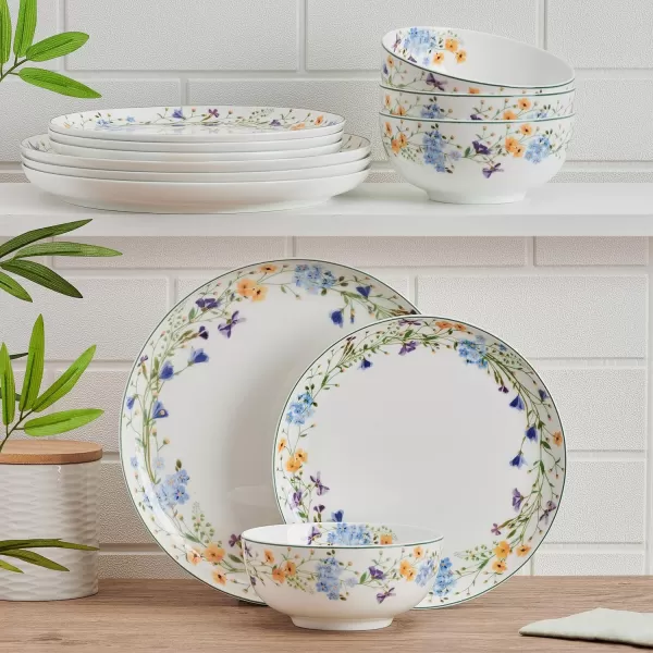 Mikasa Seaside Coastal Bone China Lightweight Chip Resistant 12 Piece Dinnerware Set, Service for 4