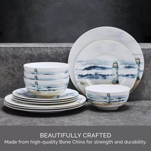Mikasa Seaside Coastal Bone China Lightweight Chip Resistant 12 Piece Dinnerware Set, Service for 4