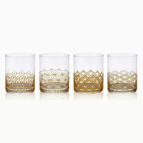 Mikasa Art Deco Set of 4 Double Old Fashioned Whiskey Glasses, 4 Count , Gold