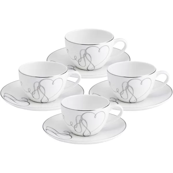 Mikasa Love Story Platinum Banded Teacup and Saucer Set, Set of 4, 9.6-Ounce, White