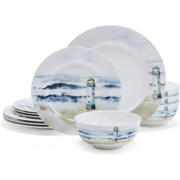 Mikasa Seaside Coastal Bone China Lightweight Chip Resistant 12 Piece Dinnerware Set, Service for 4
