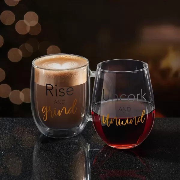 Mikasa Rise Unwind Double Wall Mug and Stemless Wine Glass, Set of 2, Clear