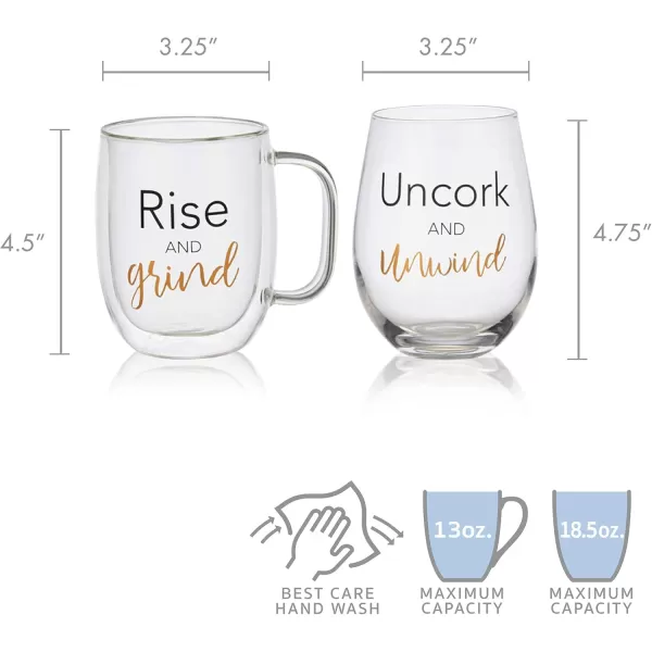 Mikasa Rise Unwind Double Wall Mug and Stemless Wine Glass, Set of 2, Clear