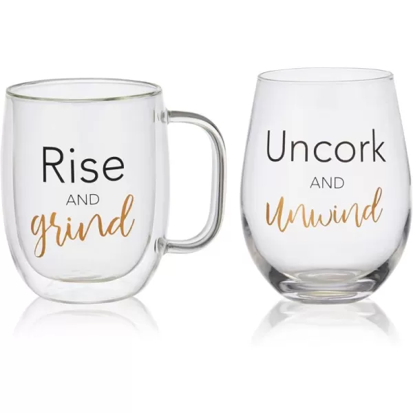 Mikasa Rise Unwind Double Wall Mug and Stemless Wine Glass, Set of 2, Clear