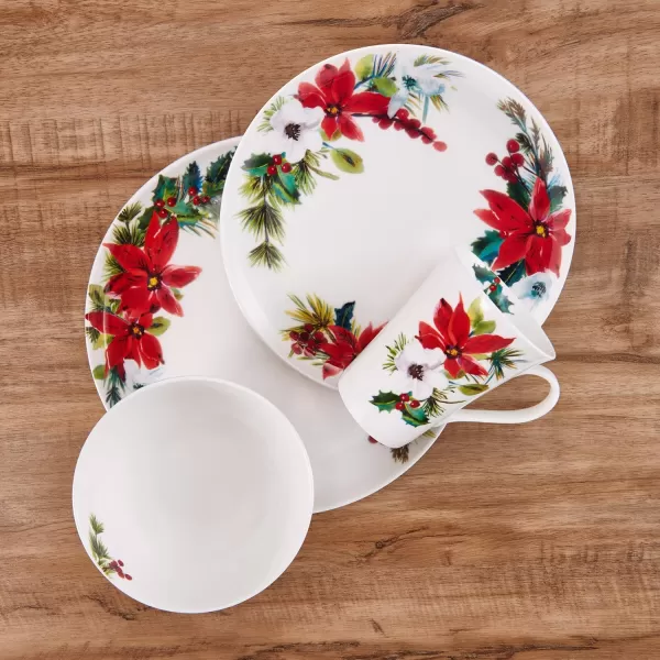 Mikasa Hope Joy Holiday Poinsettia Bone China Lightweight Chip Resistant 16 Piece Dinnerware Set, Service for 4, Multicolor