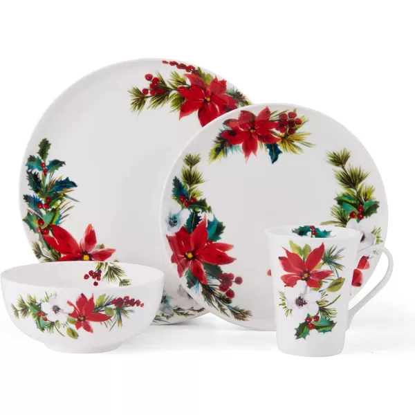 Mikasa Hope Joy Holiday Poinsettia Bone China Lightweight Chip Resistant 16 Piece Dinnerware Set, Service for 4, Multicolor