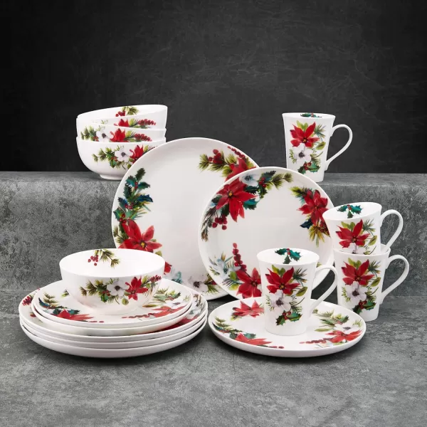 Mikasa Hope Joy Holiday Poinsettia Bone China Lightweight Chip Resistant 16 Piece Dinnerware Set, Service for 4, Multicolor