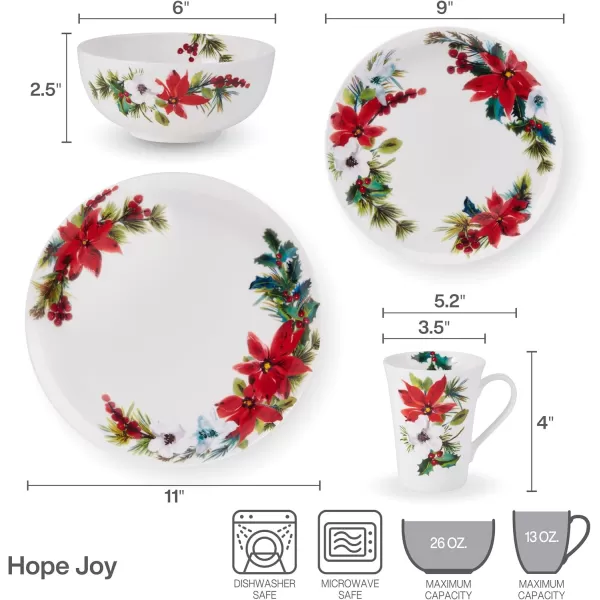 Mikasa Hope Joy Holiday Poinsettia Bone China Lightweight Chip Resistant 16 Piece Dinnerware Set, Service for 4, Multicolor
