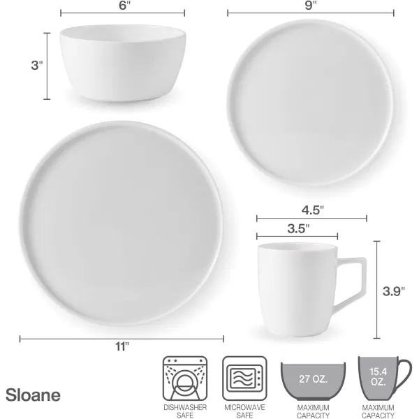 Mikasa Sloane Bone China Lightweight Chip Resistant 16 Piece Dinnerware Set, Service for 4, White