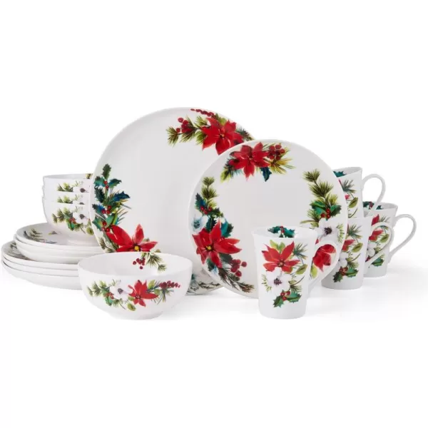 Mikasa Hope Joy Holiday Poinsettia Bone China Lightweight Chip Resistant 16 Piece Dinnerware Set, Service for 4, Multicolor