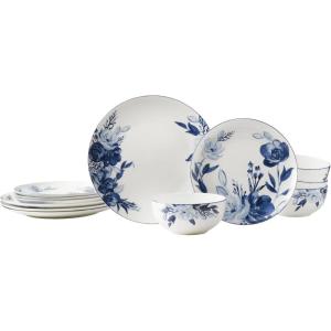 imageMikasa Darcy Bone China Lightweight Chip Resistant 12 Piece Dinnerware Set Service for 4Blue and White
