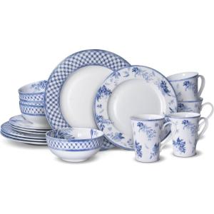 imageMikasa Kiley Bone China Lightweight Chip Resistant 16 Piece Dinnerware Set Service for 4Blue and White