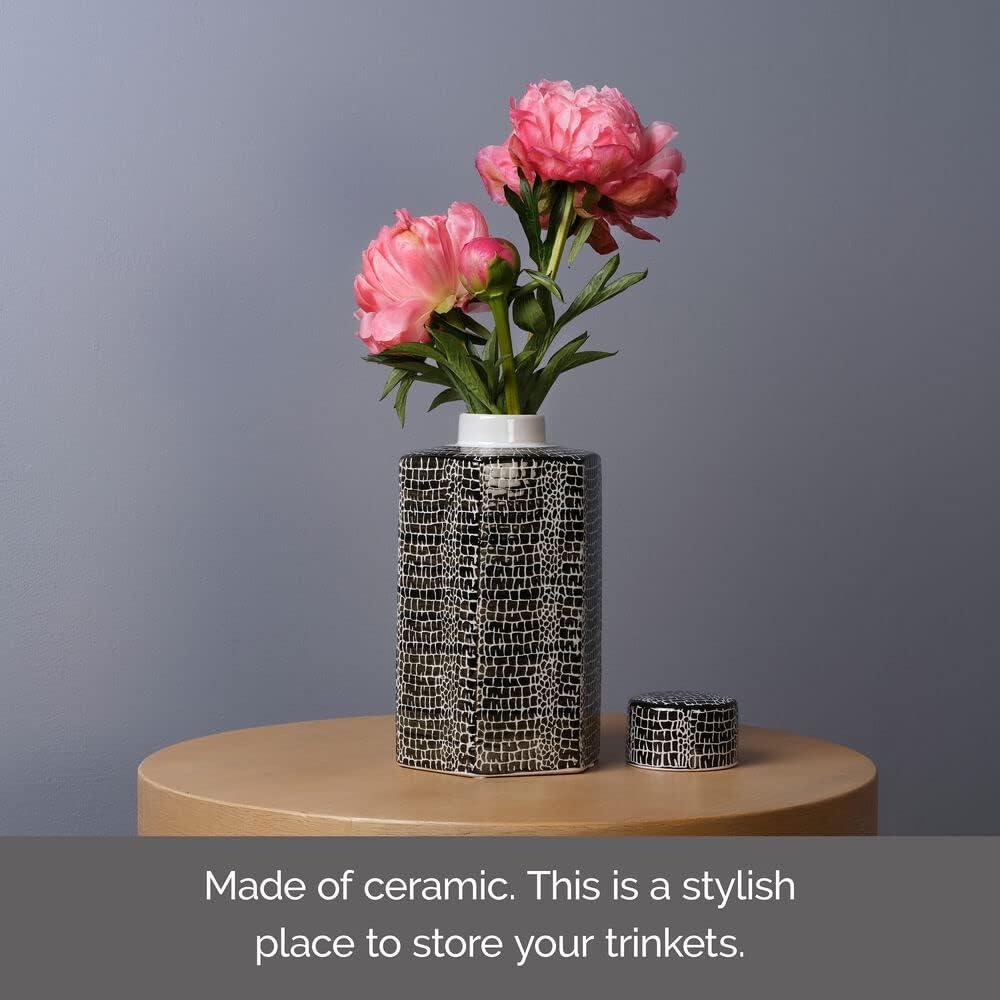 imageMikasa Blue Crackle Ceramic Canister Store Small Household Items or Display Faux Florals Black and White