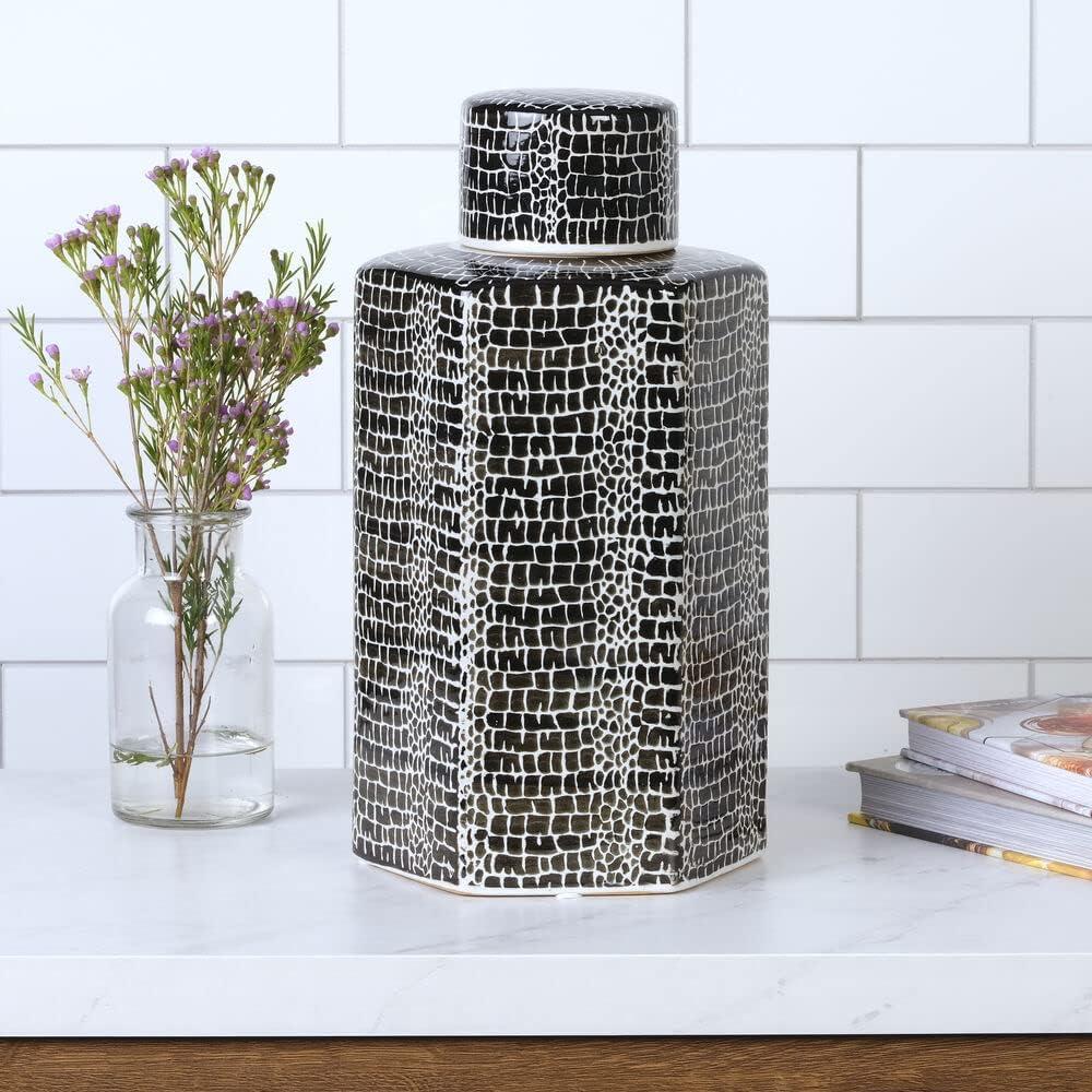 imageMikasa Blue Crackle Ceramic Canister Store Small Household Items or Display Faux Florals Black and White