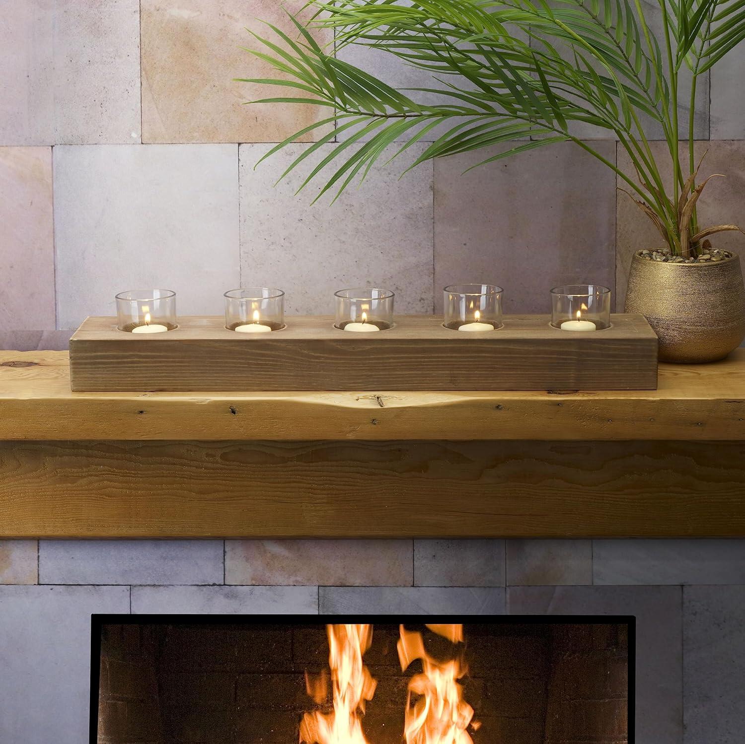 imageMikasa Candle Linear  Rustic Decorative Centerpiece for Home Dcor Natural Wood ampamp Glass Farmhouse Ideal for Mantles Shelves Desks Tabletop Furniture  Fits 5 Tealight Candles