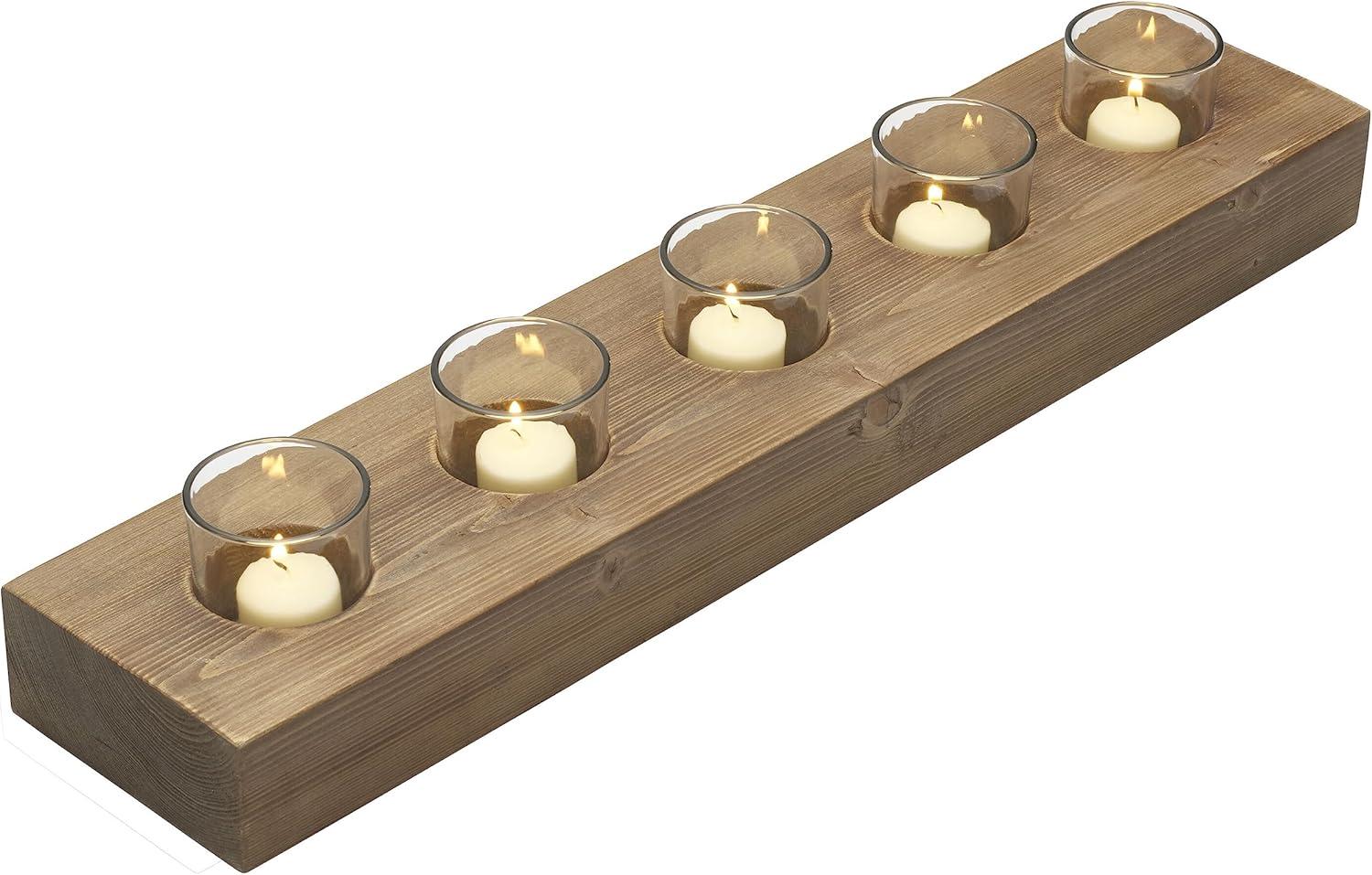 imageMikasa Candle Linear  Rustic Decorative Centerpiece for Home Dcor Natural Wood ampamp Glass Farmhouse Ideal for Mantles Shelves Desks Tabletop Furniture  Fits 5 Tealight Candles
