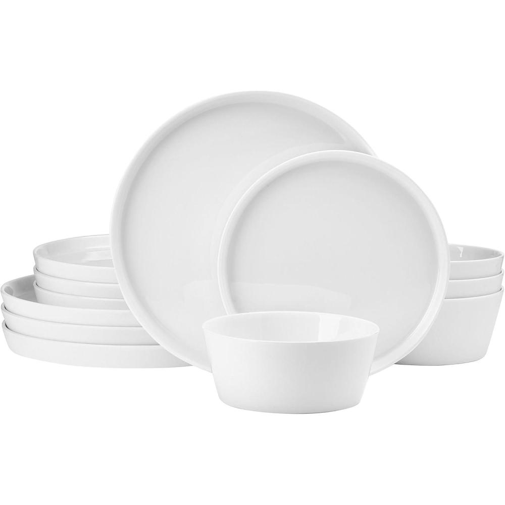 imageMikasa Rylee High Rim 12 Piece Bone China Durable Chip Resistant Lightweight Dinnerware Set Service for 4 White