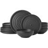imageMikasa Declan 12 Piece Stoneware Dinnerware Set Service for 4 Modern Black Plate and Bowl Dishes with High Rims Black