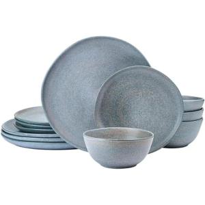 imageMikasa Benson 12 Piece Stoneware Dinnerware Set Service for 4 Plate and Bowl Modern with Organic Freeform Shape for Everyday Dining Blue