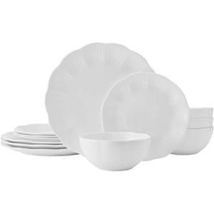imageMikasa Flora Scalloped Lightweight Chip Resistant Bone China 12 Piece Plate Bowl Dinnerware Set Service for 4 White