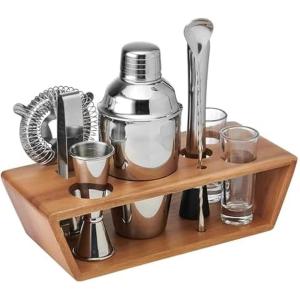 imageMikasa Glenwood Mixology 8 Piece Cocktail Shaker Bartender Stainless Steel with Acacia Wood Stand Bartool SetMixology Set