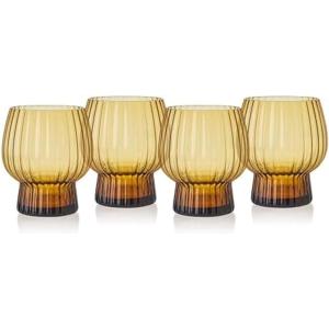 imageMikasa Phoebe Modern 14 Oz Optic Double Old Fashioned Rocks Beverage Juice Glasses Set of 4 AmberAmber
