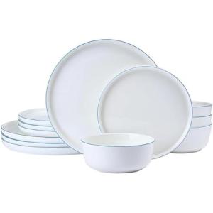 imageMikasa Samantha 12 Piece Bone China Dinnerware Set Service for 4 Flat Plates and Bowl with Blue Rim ChipResistant Lightweight Elegant and Durable White