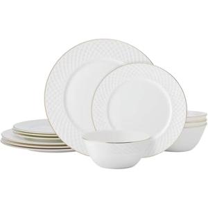 imageMikasa Trellis Gold Rim Bone China Lightweight Chip Resistant 12 Piece Dinnerware Set Service for 4