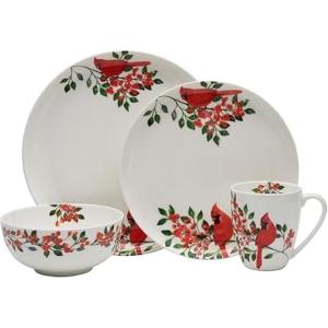 image:imageMikasa Cardinal Leaves Holiday Bone China Lightweight Chip Resistant Dinnerware Set Service for 4