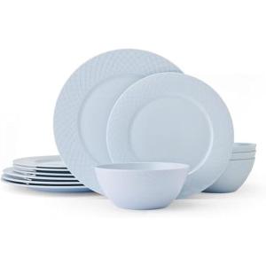 image:imageMikasa Trellis Pastel Bone China Lightweight Chip Resistant 12 Piece Dinnerware Set Service for 4 Misty Blue