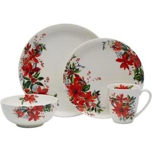 image:imageMikasa Winter Poinsettia Holiday Bone China Lightweight Chip Resistant Dinnerware Set Service for 4