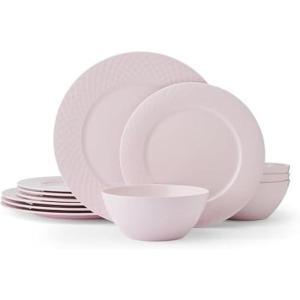 image:imageMiksa Trellis Pink Bone China Chip Resistant Lightweight 12 Piece Dinnerware Set Service for 4