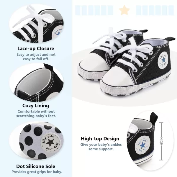 Meckior Baby Girls Boys Canvas Sneakers Soft Sole HighTop Ankle Infant First Walkers Crib ShoesA02Black