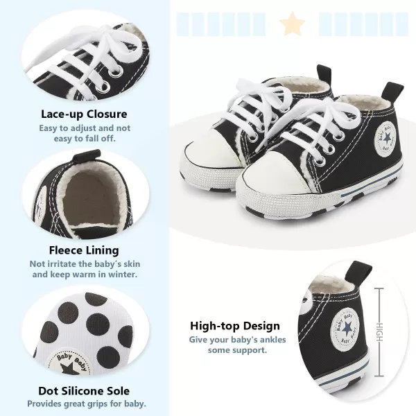 Meckior Baby Girls Boys Canvas Sneakers Soft Sole HighTop Ankle Infant First Walkers Crib ShoesA02Black With Fleece