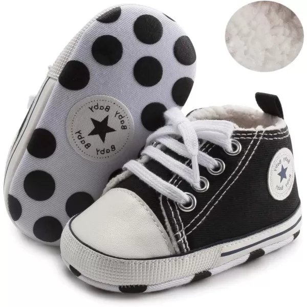 Meckior Baby Girls Boys Canvas Sneakers Soft Sole HighTop Ankle Infant First Walkers Crib ShoesA02Black With Fleece