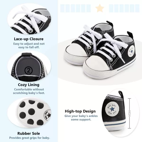 Meckior Baby Girls Boys Canvas Sneakers Soft Sole HighTop Ankle Infant First Walkers Crib ShoesA02Black With Rubber Sole