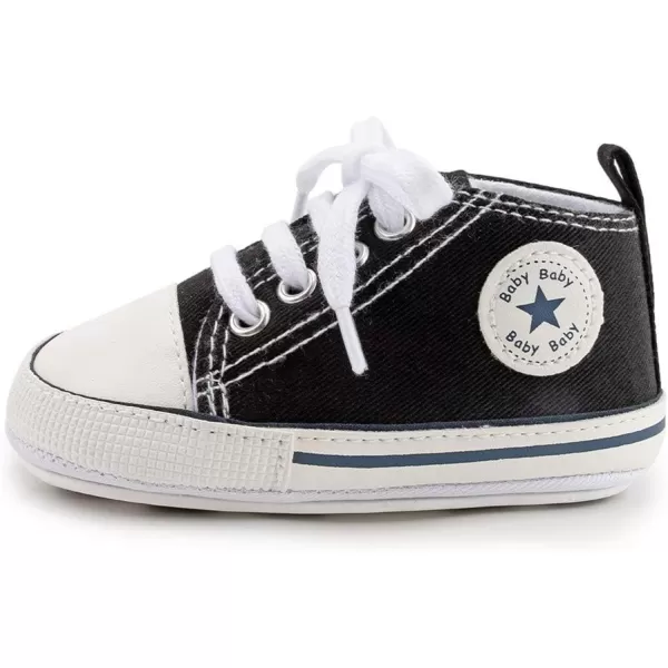 Meckior Baby Girls Boys Canvas Sneakers Soft Sole HighTop Ankle Infant First Walkers Crib ShoesA02Black With Rubber Sole