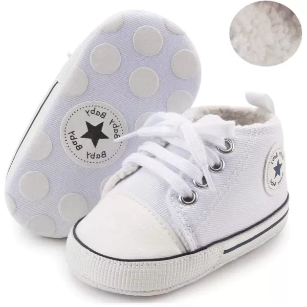 Meckior Baby Girls Boys Canvas Sneakers Soft Sole HighTop Ankle Infant First Walkers Crib ShoesA03White Wite Fleece