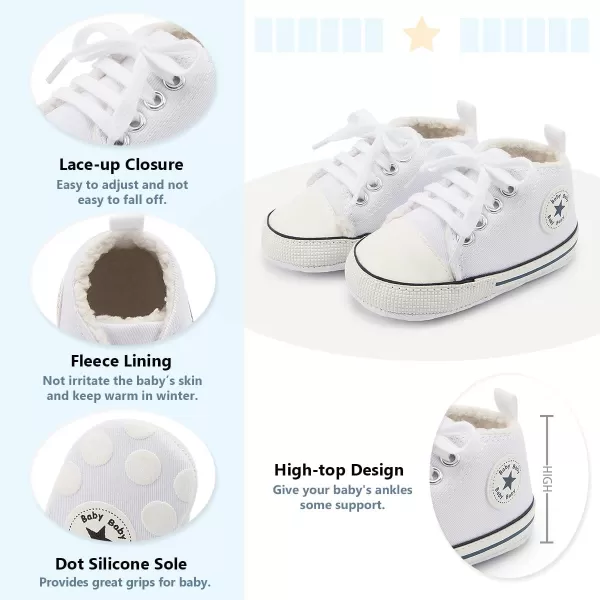 Meckior Baby Girls Boys Canvas Sneakers Soft Sole HighTop Ankle Infant First Walkers Crib ShoesA03White Wite Fleece