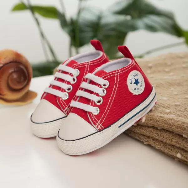 Meckior Baby Girls Boys Canvas Sneakers Soft Sole HighTop Ankle Infant First Walkers Crib ShoesA04Red