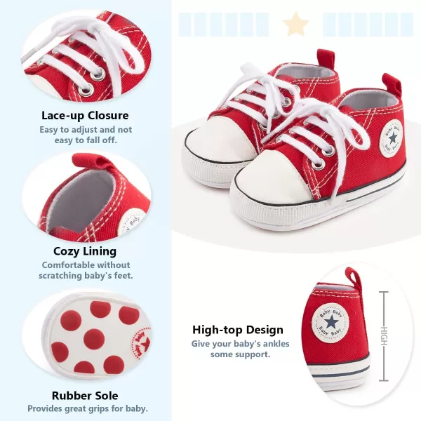 Meckior Baby Girls Boys Canvas Sneakers Soft Sole HighTop Ankle Infant First Walkers Crib ShoesA04Red With Rubber Sole