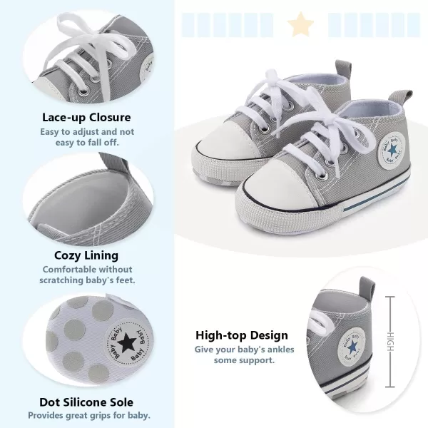 Meckior Baby Girls Boys Canvas Sneakers Soft Sole HighTop Ankle Infant First Walkers Crib ShoesA05Gray