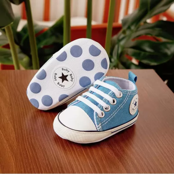 Meckior Baby Girls Boys Canvas Sneakers Soft Sole HighTop Ankle Infant First Walkers Crib ShoesA08Little Blue