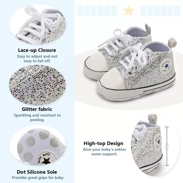 Meckior Baby Girls Boys Canvas Sneakers Soft Sole HighTop Ankle Infant First Walkers Crib ShoesA10Sequin Silver