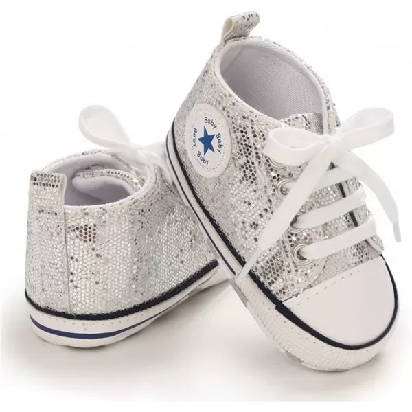 Meckior Baby Girls Boys Canvas Sneakers Soft Sole HighTop Ankle Infant First Walkers Crib ShoesA10Sequin Silver