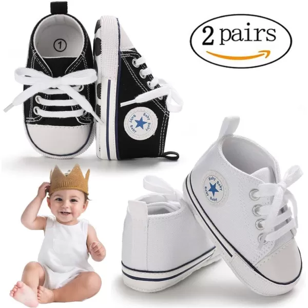 Meckior Baby Girls Boys Canvas Sneakers Soft Sole HighTop Ankle Infant First Walkers Crib ShoesA132 PairsBlack  White