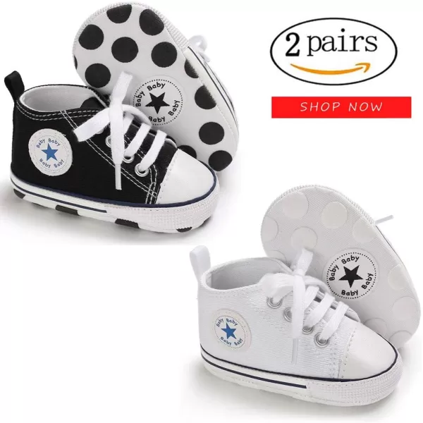 Meckior Baby Girls Boys Canvas Sneakers Soft Sole HighTop Ankle Infant First Walkers Crib ShoesA132 PairsBlack  White