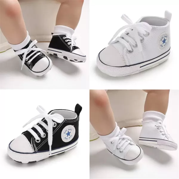 Meckior Baby Girls Boys Canvas Sneakers Soft Sole HighTop Ankle Infant First Walkers Crib ShoesA132 PairsBlack  White