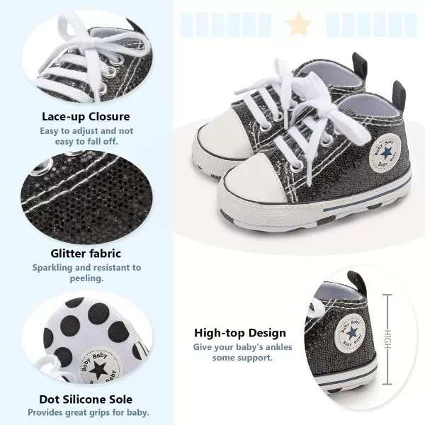 Meckior Baby Girls Boys Canvas Sneakers Soft Sole HighTop Ankle Infant First Walkers Crib ShoesA21Sequin Black